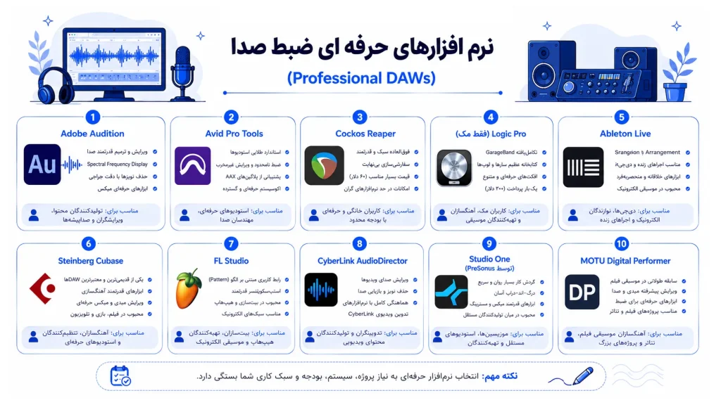 نرم افزارهای حرفه ای ضبط صدا (Professional DAWs) ۱. Adobe Audition توضیح: قدرتمندترین ابزار برای ویرایش و ترمیم صدا با قابلیت Spectral Frequency Display که نویزها را با دقت جراحی حذف میکند. ۲. Avid Pro Tools توضیح: استاندارد طلایی استودیوهای ضبط حرفهای با قابلیت ضبط نامحدود، ویرایش غیرمخرب و اکوسیستم عظیم پلاگینهای AAX. ۳. Cockos Reaper توضیح: یک DAW فوقالعاده سبک، قدرتمند و با قابلیت سفارشیسازی بینهایت که با قیمتی بسیار مناسب (۶۰ دلار) امکاناتی در حد نرمافزارهای گرانقیمت ارائه میدهد. ۴. Logic Pro (فقط مک) توضیح: تکاملیافته GarageBand با کتابخانه عظیم سازهای مجازی، لوپها و افکتهای حرفهای که به صورت یکبار پرداخت (۲۰۰ دلار) عرضه میشود. ۵. Ableton Live توضیح: نرمافزاری منحصربهفرد با دو نمای Session (برای اجرای زنده) و Arrangement (برای ویرایش خطی) که در موسیقی الکترونیک و دیجیing بینظیر است. ۶. Steinberg Cubase توضیح: یکی از قدیمیترین و معتبرترین DAWها با ابزارهای قدرتمند آهنگسازی، ویرایش میدی و میکس حرفهای (محبوب در پروژههای فیلم و بازی). ۷. FL Studio توضیح: با رابط کاربری مبتنی بر الگو (Pattern) و استپسکوئنسر، به یکی از محبوبترین ابزارهای بیتسازی و تولید هیپهاپ تبدیل شده است. ۸. CyberLink AudioDirector توضیح: ابزار تخصصی برای ویرایش صدای ویدیوها با قابلیت حذف نویز، بازیابی صدا و هماهنگی کامل با نرمافزارهای تدوین ویدیوی CyberLink. ۹. Studio One (توسط PreSonus) توضیح: یک DAW مدرن با گردش کار بسیار روان، قابلیت درگ-اند-دراپ آسان و ابزارهای قدرتمند میکس و مسترینگ (محبوب در میان تولیدکنندگان مستقل). ۱۰. MOTU Digital Performer توضیح: نرمافزاری حرفهای با سابقه طولانی در موسیقی فیلم و تئاتر که قابلیتهای پیشرفتهای برای ضبط و ویرایش میدی و صدا دارد.