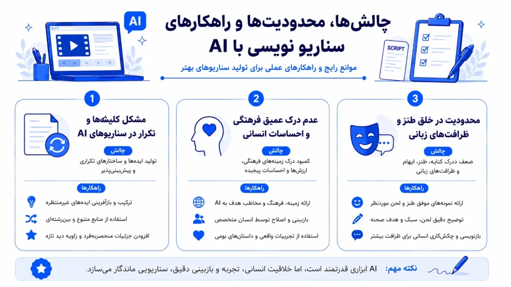اینفوگرافیک چالش ها، محدودیت ها و راهکارهای سناریو نویسی با AI