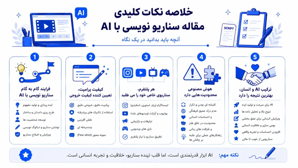 اینفوگرافیک خلاصه نکات کلیدی مقاله سناریو نویسی با AI