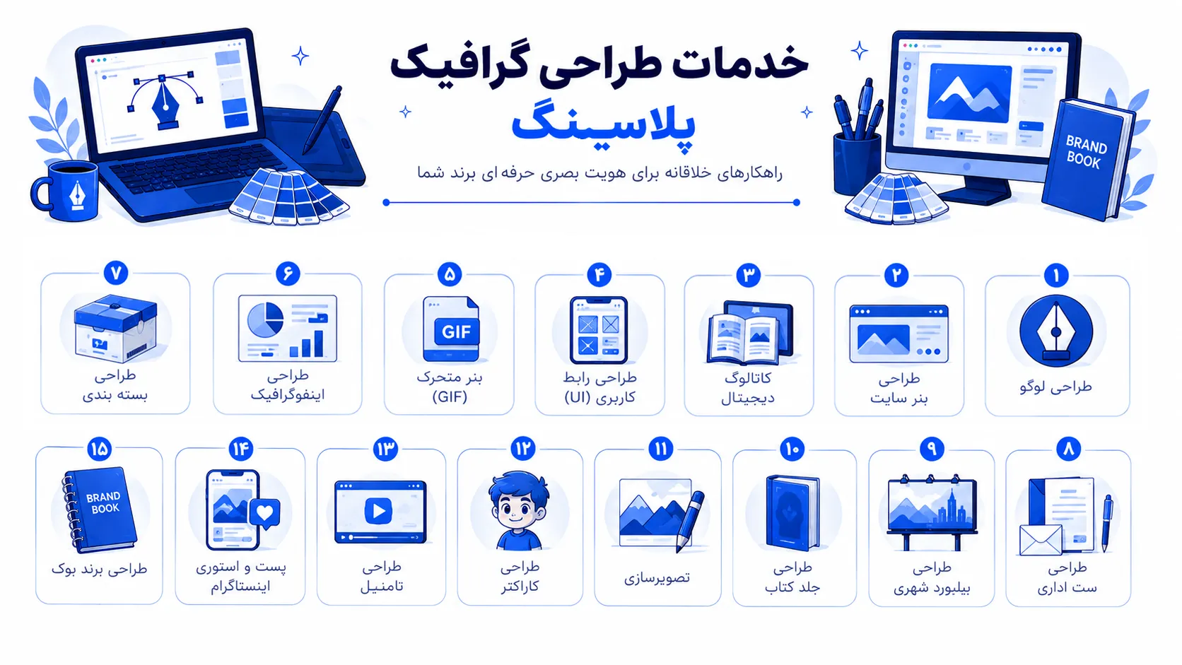 اینفوگرافیک خدمات طراحی گرافیک پلاسینگ طراحی لوگو طراحی بنر سایت کاتالوگ دیجیتال طراحی رابط کاربری (UI) بنر متحرک (GIF) طراحی اینفوگرافیک طراحی بسته بندی طراحی ست اداری طراحی بیلبورد شهری طراحی جلد کتاب تصویرسازی طراحی کاراکتر طراحی تامنیل پست و استوری اینستاگرام طراحی برند بوک