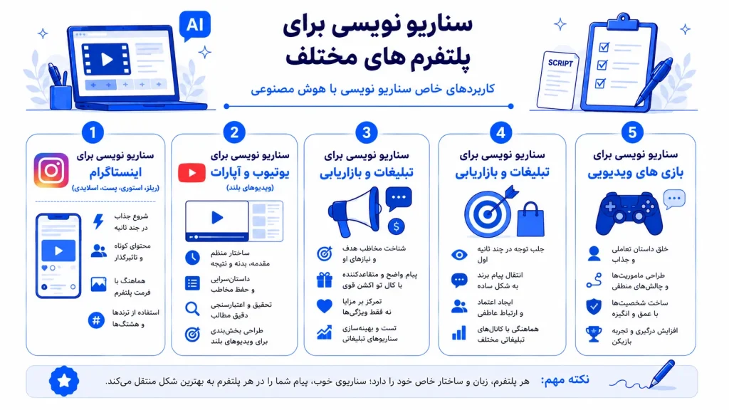 اینفوگرافیک سناریو نویسی برای پلتفرم های مختلف (کاربردهای خاص)